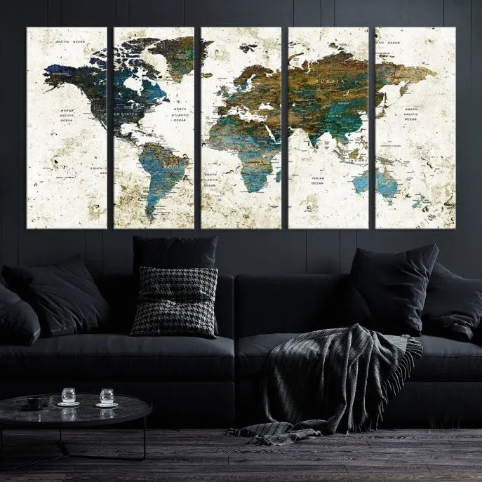 The Watercolor Wall Art World Map Canvas Print graces the wall, offering a stunning display with its museum-quality canvas and UV-protective coating. This ready-to-hang artwork effortlessly elevates your space.