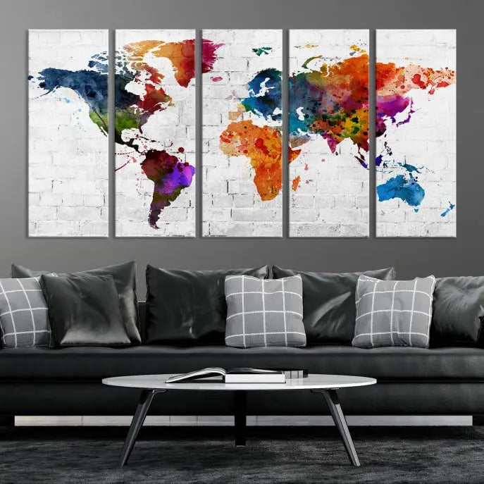 The Watercolor Wall Art World Map Canvas Print, crafted on museum-quality canvas with a UV-protective coating, adds charm and sophistication to any room. This stunning piece is ready to hang on the wall, offering an elegant touch.