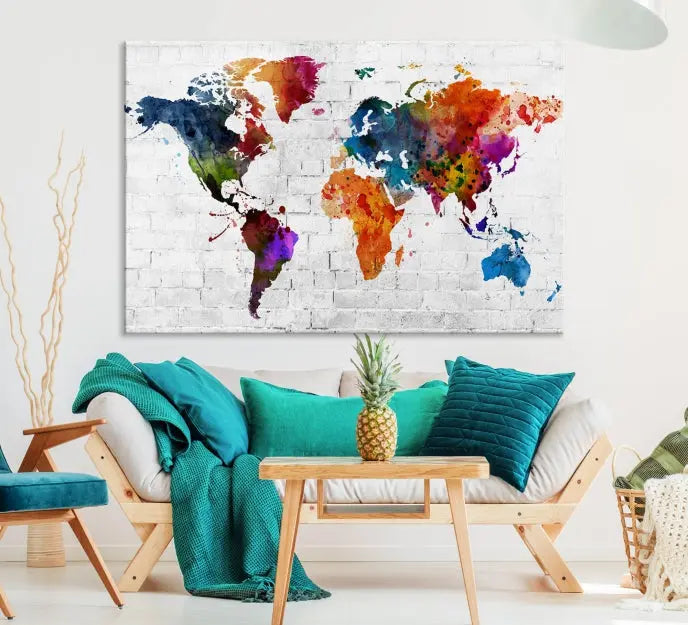 The Watercolor Wall Art World Map Canvas Print, crafted on museum-quality canvas with a UV-protective coating, adds charm and sophistication to any room. This stunning piece is ready to hang on the wall, offering an elegant touch.