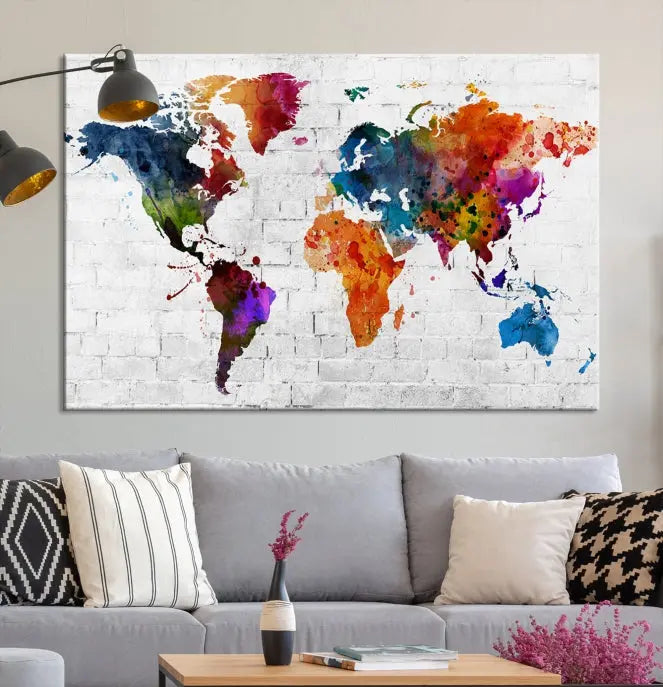 The Watercolor Wall Art World Map Canvas Print, crafted on museum-quality canvas with a UV-protective coating, adds charm and sophistication to any room. This stunning piece is ready to hang on the wall, offering an elegant touch.