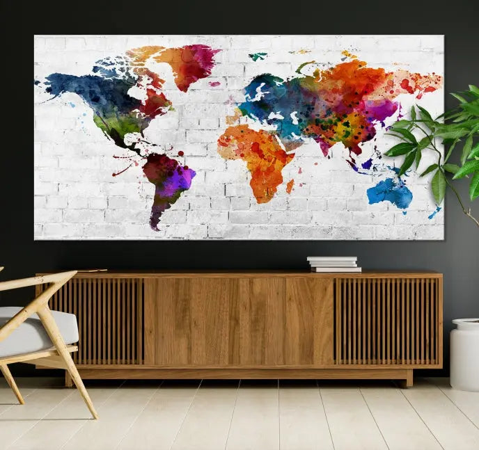 The Watercolor Wall Art World Map Canvas Print, crafted on museum-quality canvas with a UV-protective coating, adds charm and sophistication to any room. This stunning piece is ready to hang on the wall, offering an elegant touch.