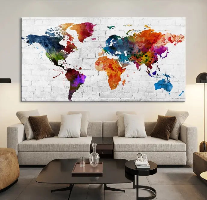 The Watercolor Wall Art World Map Canvas Print, crafted on museum-quality canvas with a UV-protective coating, adds charm and sophistication to any room. This stunning piece is ready to hang on the wall, offering an elegant touch.