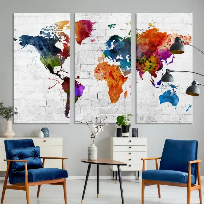 The Watercolor Wall Art World Map Canvas Print, crafted on museum-quality canvas with a UV-protective coating, adds charm and sophistication to any room. This stunning piece is ready to hang on the wall, offering an elegant touch.