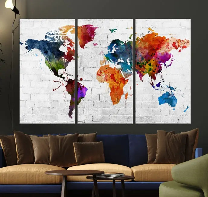 The Watercolor Wall Art World Map Canvas Print, crafted on museum-quality canvas with a UV-protective coating, adds charm and sophistication to any room. This stunning piece is ready to hang on the wall, offering an elegant touch.