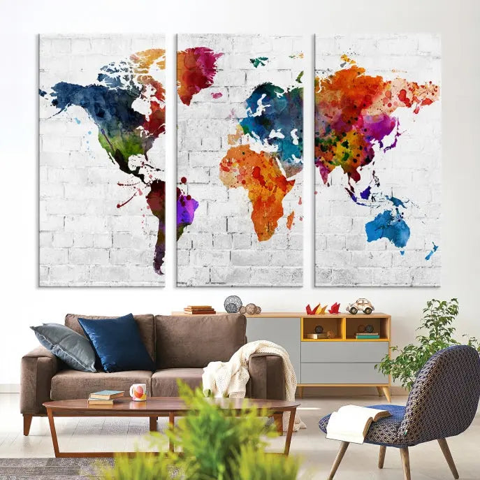 The Watercolor Wall Art World Map Canvas Print, crafted on museum-quality canvas with a UV-protective coating, adds charm and sophistication to any room. This stunning piece is ready to hang on the wall, offering an elegant touch.