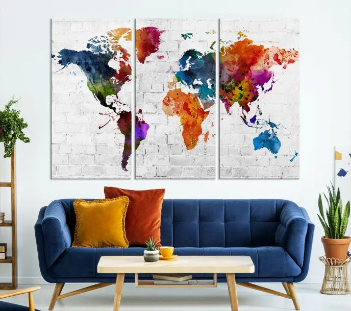 The Watercolor Wall Art World Map Canvas Print, crafted on museum-quality canvas with a UV-protective coating, adds charm and sophistication to any room. This stunning piece is ready to hang on the wall, offering an elegant touch.