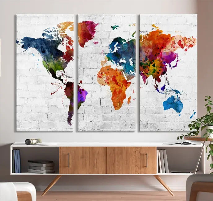 The Watercolor Wall Art World Map Canvas Print, crafted on museum-quality canvas with a UV-protective coating, adds charm and sophistication to any room. This stunning piece is ready to hang on the wall, offering an elegant touch.