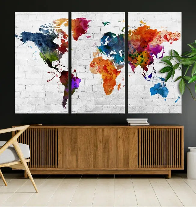 The Watercolor Wall Art World Map Canvas Print, crafted on museum-quality canvas with a UV-protective coating, adds charm and sophistication to any room. This stunning piece is ready to hang on the wall, offering an elegant touch.