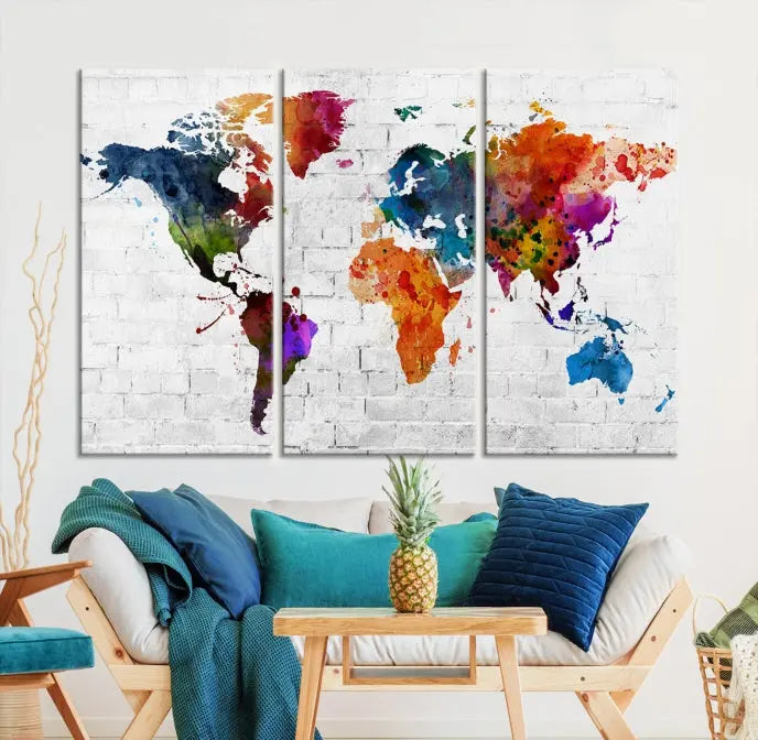 The Watercolor Wall Art World Map Canvas Print, crafted on museum-quality canvas with a UV-protective coating, adds charm and sophistication to any room. This stunning piece is ready to hang on the wall, offering an elegant touch.