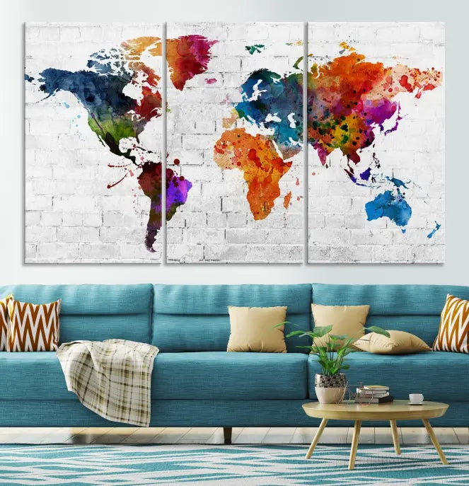 The Watercolor Wall Art World Map Canvas Print, crafted on museum-quality canvas with a UV-protective coating, adds charm and sophistication to any room. This stunning piece is ready to hang on the wall, offering an elegant touch.