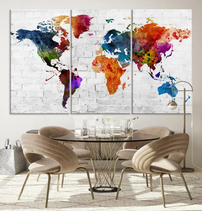 The Watercolor Wall Art World Map Canvas Print, crafted on museum-quality canvas with a UV-protective coating, adds charm and sophistication to any room. This stunning piece is ready to hang on the wall, offering an elegant touch.