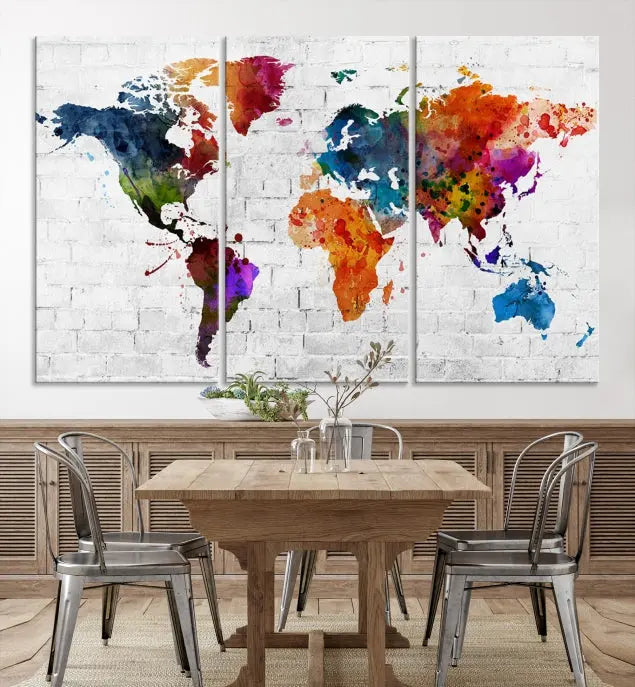 The Watercolor Wall Art World Map Canvas Print, crafted on museum-quality canvas with a UV-protective coating, adds charm and sophistication to any room. This stunning piece is ready to hang on the wall, offering an elegant touch.