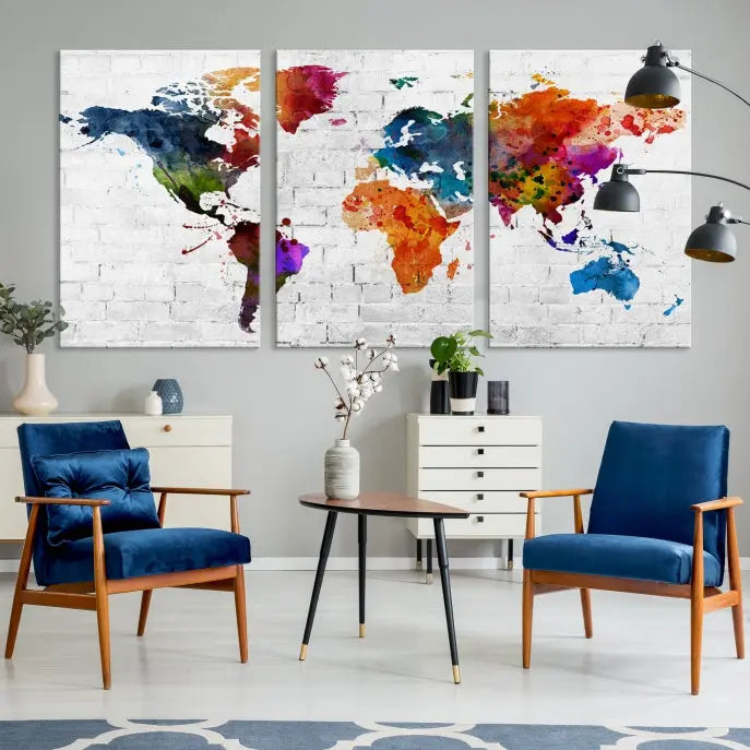 The Watercolor Wall Art World Map Canvas Print, crafted on museum-quality canvas with a UV-protective coating, adds charm and sophistication to any room. This stunning piece is ready to hang on the wall, offering an elegant touch.