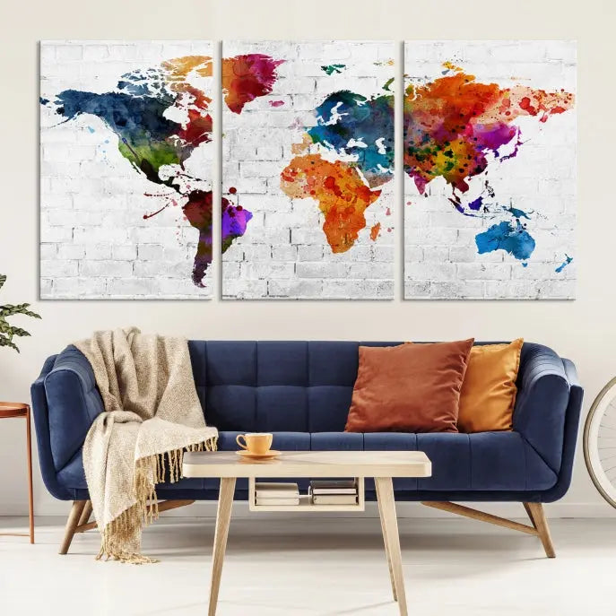 The Watercolor Wall Art World Map Canvas Print, crafted on museum-quality canvas with a UV-protective coating, adds charm and sophistication to any room. This stunning piece is ready to hang on the wall, offering an elegant touch.