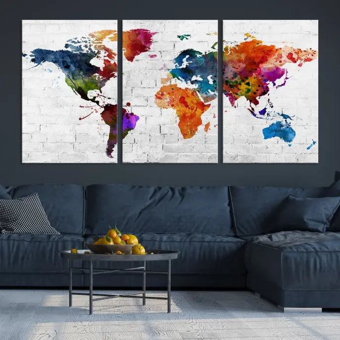 The Watercolor Wall Art World Map Canvas Print, crafted on museum-quality canvas with a UV-protective coating, adds charm and sophistication to any room. This stunning piece is ready to hang on the wall, offering an elegant touch.