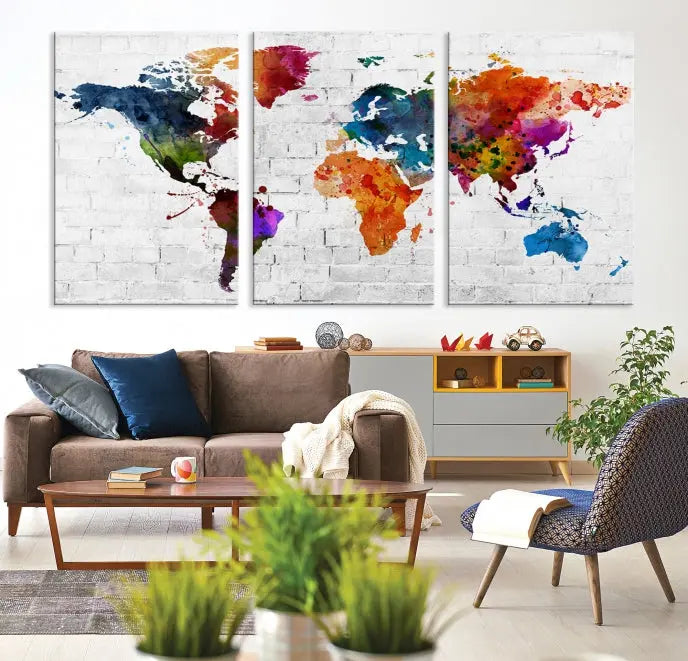 The Watercolor Wall Art World Map Canvas Print, crafted on museum-quality canvas with a UV-protective coating, adds charm and sophistication to any room. This stunning piece is ready to hang on the wall, offering an elegant touch.