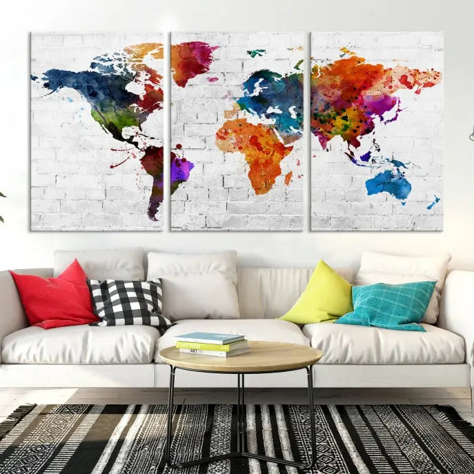 The Watercolor Wall Art World Map Canvas Print, crafted on museum-quality canvas with a UV-protective coating, adds charm and sophistication to any room. This stunning piece is ready to hang on the wall, offering an elegant touch.