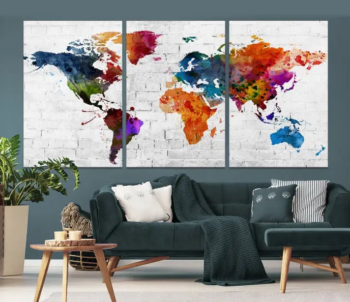 The Watercolor Wall Art World Map Canvas Print, crafted on museum-quality canvas with a UV-protective coating, adds charm and sophistication to any room. This stunning piece is ready to hang on the wall, offering an elegant touch.