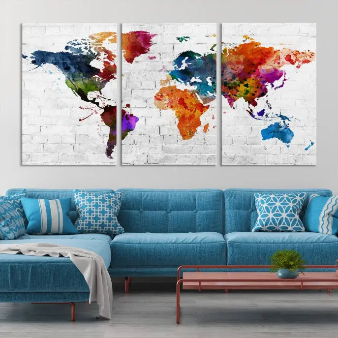 The Watercolor Wall Art World Map Canvas Print, crafted on museum-quality canvas with a UV-protective coating, adds charm and sophistication to any room. This stunning piece is ready to hang on the wall, offering an elegant touch.