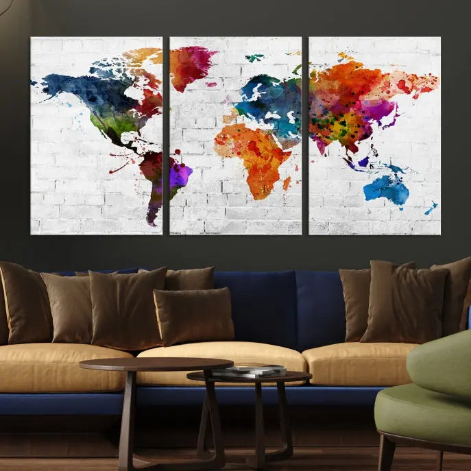 The Watercolor Wall Art World Map Canvas Print, crafted on museum-quality canvas with a UV-protective coating, adds charm and sophistication to any room. This stunning piece is ready to hang on the wall, offering an elegant touch.