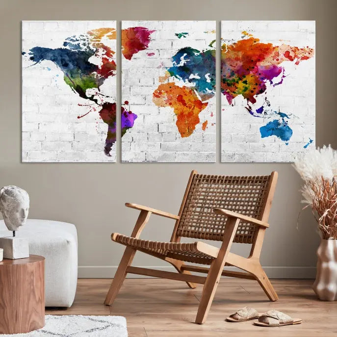 The Watercolor Wall Art World Map Canvas Print, crafted on museum-quality canvas with a UV-protective coating, adds charm and sophistication to any room. This stunning piece is ready to hang on the wall, offering an elegant touch.