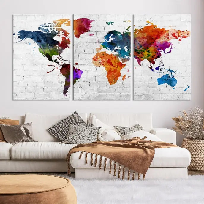 The Watercolor Wall Art World Map Canvas Print, crafted on museum-quality canvas with a UV-protective coating, adds charm and sophistication to any room. This stunning piece is ready to hang on the wall, offering an elegant touch.