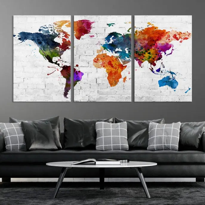 The Watercolor Wall Art World Map Canvas Print, crafted on museum-quality canvas with a UV-protective coating, adds charm and sophistication to any room. This stunning piece is ready to hang on the wall, offering an elegant touch.