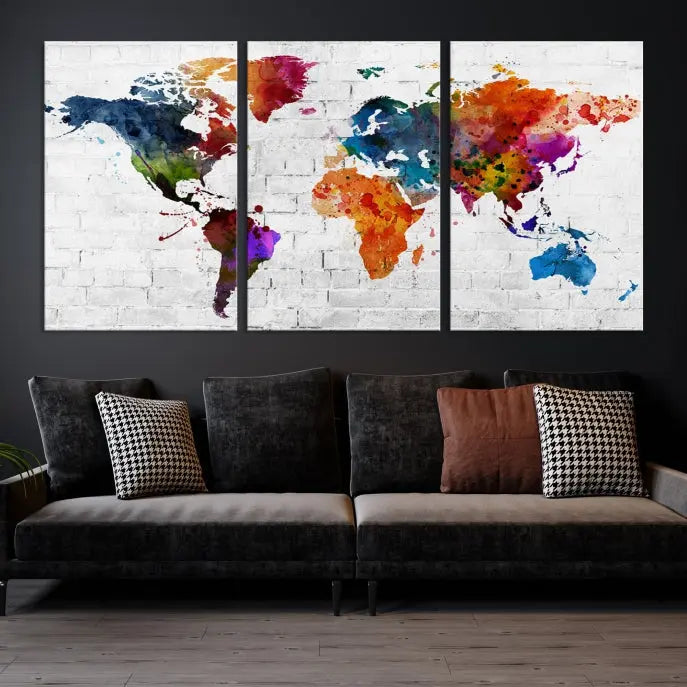 The Watercolor Wall Art World Map Canvas Print, crafted on museum-quality canvas with a UV-protective coating, adds charm and sophistication to any room. This stunning piece is ready to hang on the wall, offering an elegant touch.