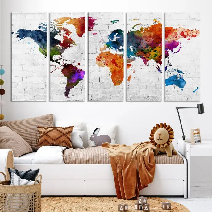 The Watercolor Wall Art World Map Canvas Print, crafted on museum-quality canvas with a UV-protective coating, adds charm and sophistication to any room. This stunning piece is ready to hang on the wall, offering an elegant touch.