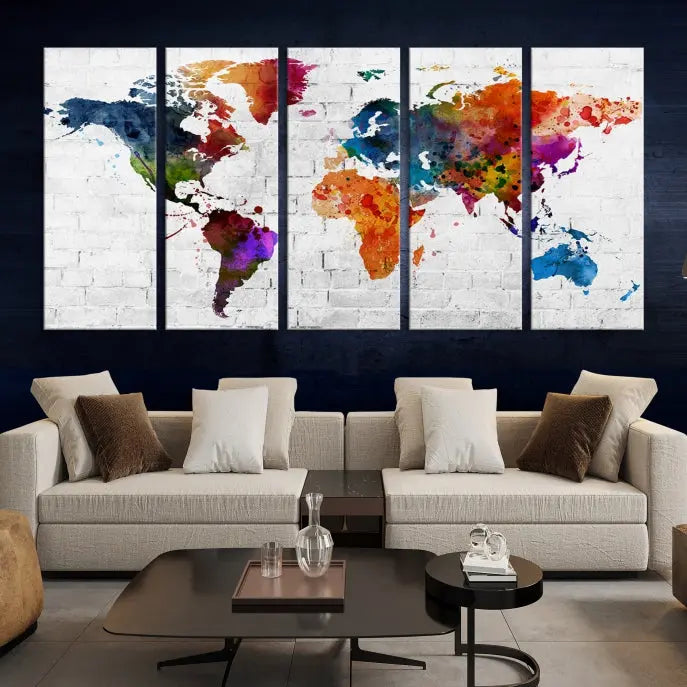 The Watercolor Wall Art World Map Canvas Print, crafted on museum-quality canvas with a UV-protective coating, adds charm and sophistication to any room. This stunning piece is ready to hang on the wall, offering an elegant touch.