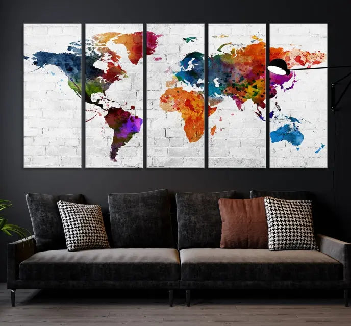 The Watercolor Wall Art World Map Canvas Print, crafted on museum-quality canvas with a UV-protective coating, adds charm and sophistication to any room. This stunning piece is ready to hang on the wall, offering an elegant touch.