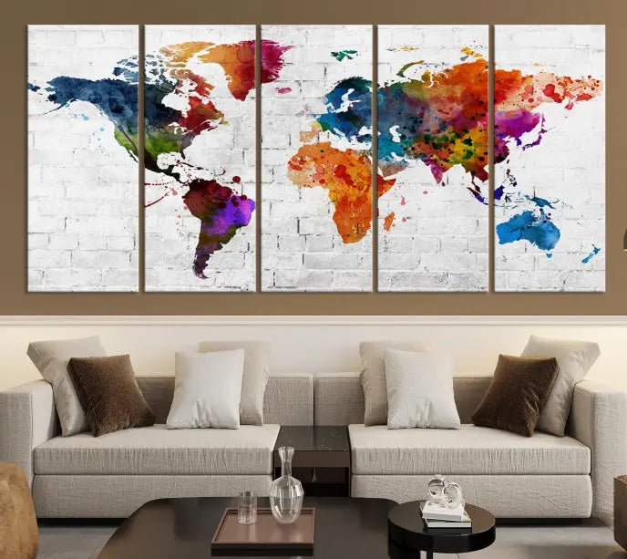 The Watercolor Wall Art World Map Canvas Print, crafted on museum-quality canvas with a UV-protective coating, adds charm and sophistication to any room. This stunning piece is ready to hang on the wall, offering an elegant touch.