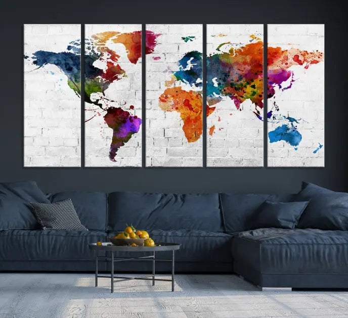 The Watercolor Wall Art World Map Canvas Print, crafted on museum-quality canvas with a UV-protective coating, adds charm and sophistication to any room. This stunning piece is ready to hang on the wall, offering an elegant touch.