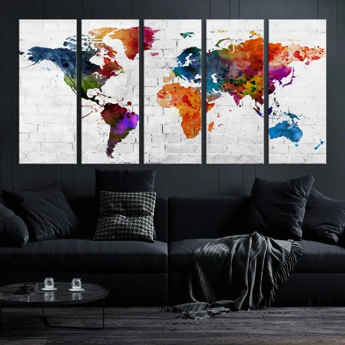 The Watercolor Wall Art World Map Canvas Print, crafted on museum-quality canvas with a UV-protective coating, adds charm and sophistication to any room. This stunning piece is ready to hang on the wall, offering an elegant touch.