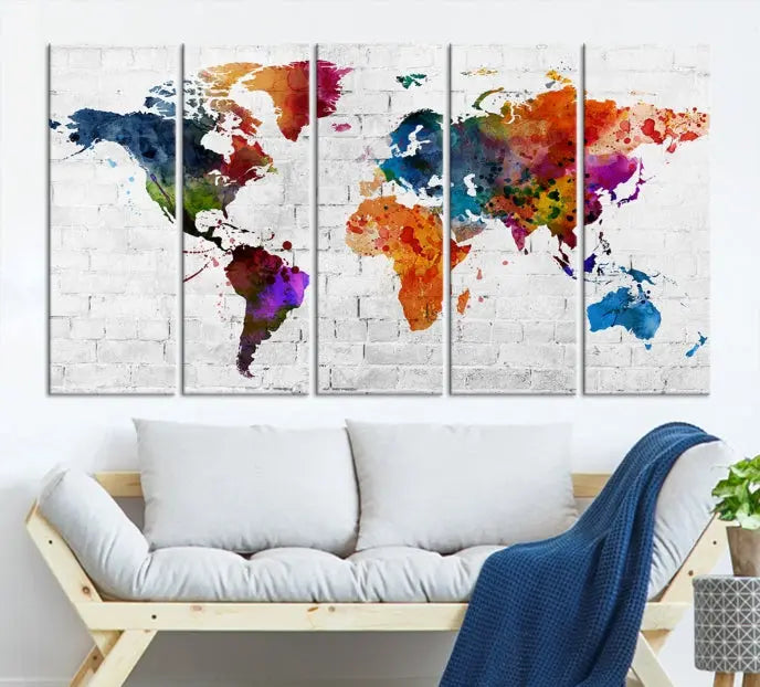 The Watercolor Wall Art World Map Canvas Print, crafted on museum-quality canvas with a UV-protective coating, adds charm and sophistication to any room. This stunning piece is ready to hang on the wall, offering an elegant touch.