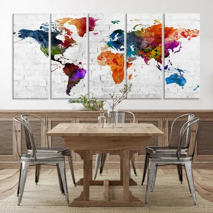 The Watercolor Wall Art World Map Canvas Print, crafted on museum-quality canvas with a UV-protective coating, adds charm and sophistication to any room. This stunning piece is ready to hang on the wall, offering an elegant touch.