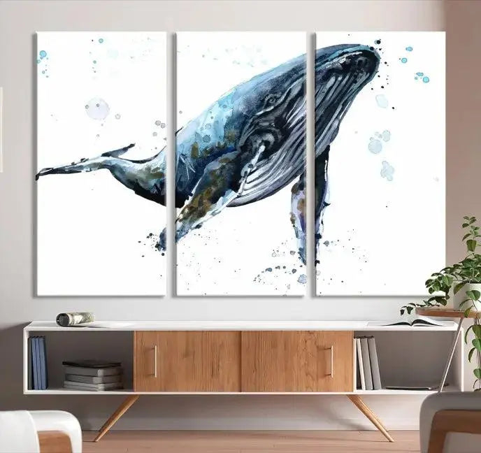 The elegant Watercolor Whale Wall Art Canvas Print adds museum-quality charm to the dimly lit living room. Each ready-to-hang canvas is coated with UV protection, preserving its vivid allure for years to come.