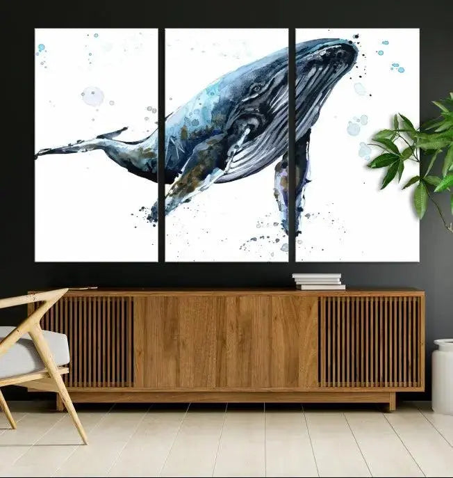 The elegant Watercolor Whale Wall Art Canvas Print adds museum-quality charm to the dimly lit living room. Each ready-to-hang canvas is coated with UV protection, preserving its vivid allure for years to come.