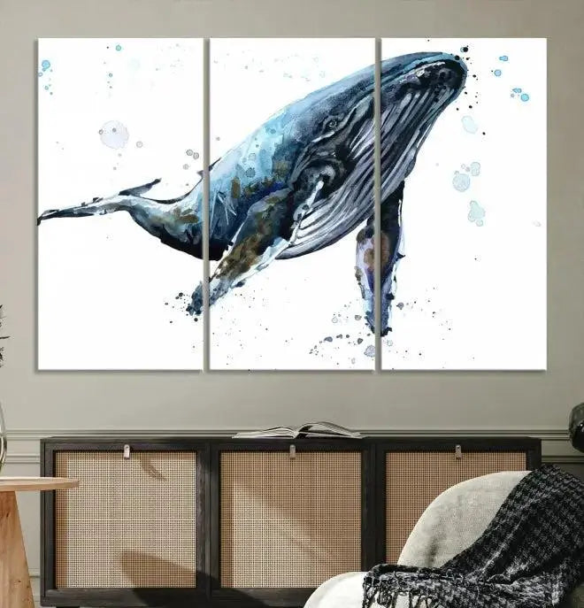 The elegant Watercolor Whale Wall Art Canvas Print adds museum-quality charm to the dimly lit living room. Each ready-to-hang canvas is coated with UV protection, preserving its vivid allure for years to come.