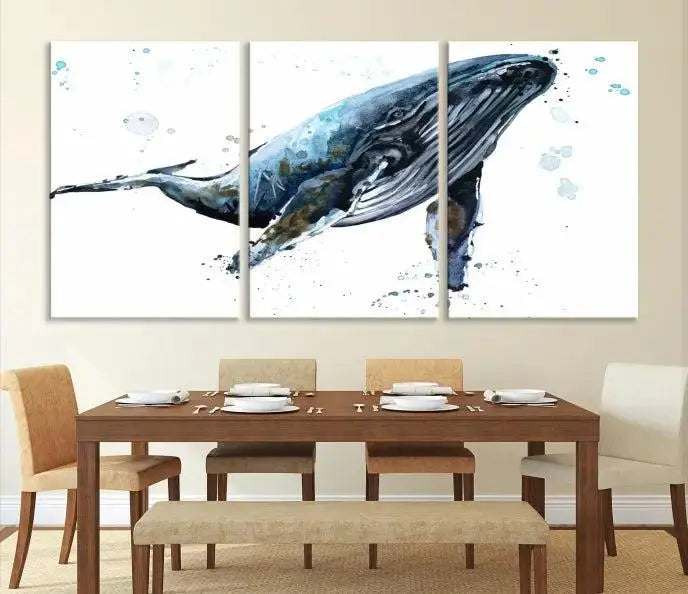 The elegant Watercolor Whale Wall Art Canvas Print adds museum-quality charm to the dimly lit living room. Each ready-to-hang canvas is coated with UV protection, preserving its vivid allure for years to come.