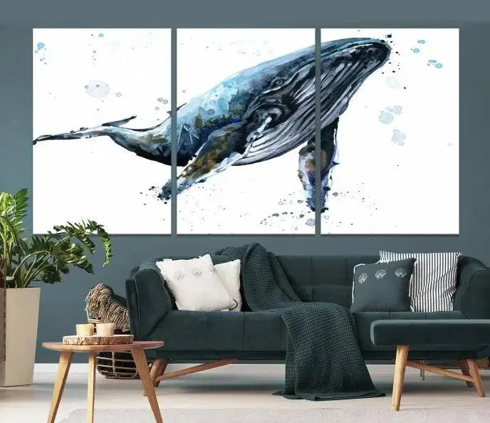 The elegant Watercolor Whale Wall Art Canvas Print adds museum-quality charm to the dimly lit living room. Each ready-to-hang canvas is coated with UV protection, preserving its vivid allure for years to come.