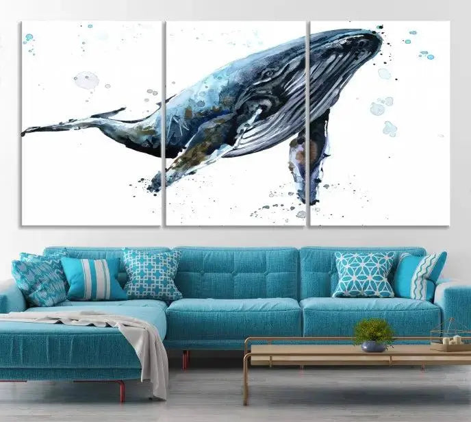 The elegant Watercolor Whale Wall Art Canvas Print adds museum-quality charm to the dimly lit living room. Each ready-to-hang canvas is coated with UV protection, preserving its vivid allure for years to come.