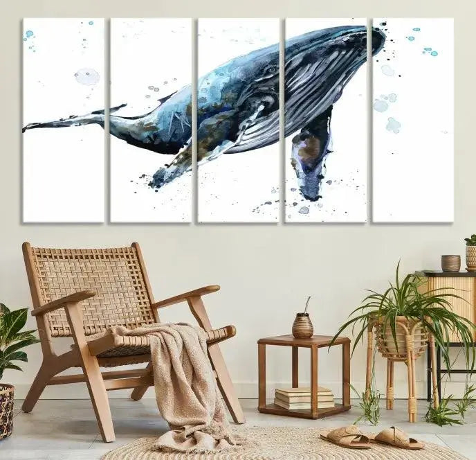 The elegant Watercolor Whale Wall Art Canvas Print adds museum-quality charm to the dimly lit living room. Each ready-to-hang canvas is coated with UV protection, preserving its vivid allure for years to come.