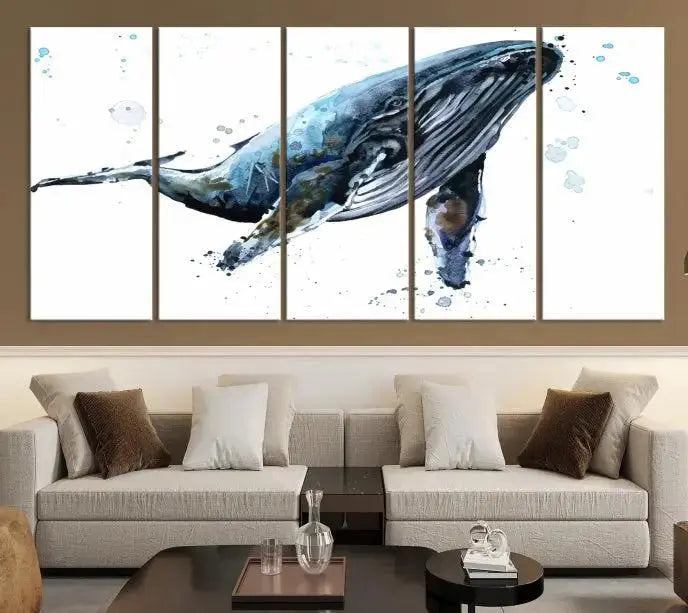 The elegant Watercolor Whale Wall Art Canvas Print adds museum-quality charm to the dimly lit living room. Each ready-to-hang canvas is coated with UV protection, preserving its vivid allure for years to come.