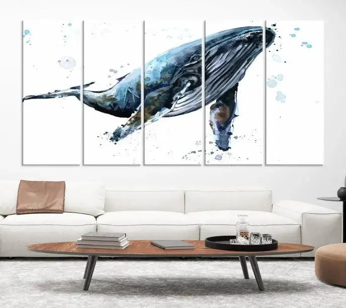 The elegant Watercolor Whale Wall Art Canvas Print adds museum-quality charm to the dimly lit living room. Each ready-to-hang canvas is coated with UV protection, preserving its vivid allure for years to come.