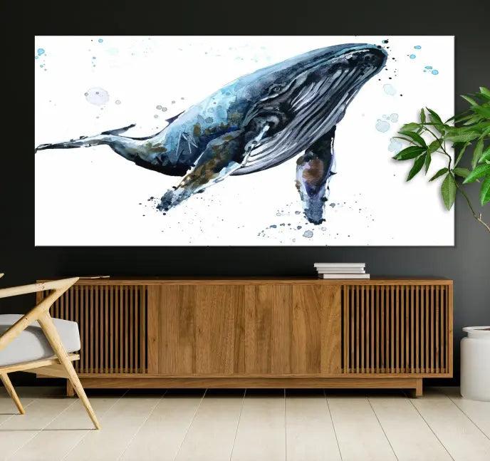 The elegant Watercolor Whale Wall Art Canvas Print adds museum-quality charm to the dimly lit living room. Each ready-to-hang canvas is coated with UV protection, preserving its vivid allure for years to come.