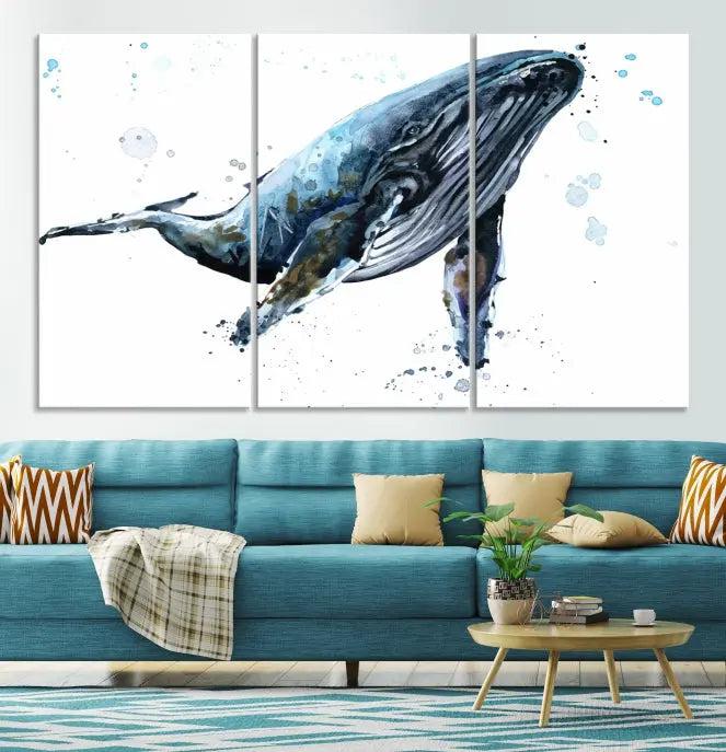 The elegant Watercolor Whale Wall Art Canvas Print adds museum-quality charm to the dimly lit living room. Each ready-to-hang canvas is coated with UV protection, preserving its vivid allure for years to come.