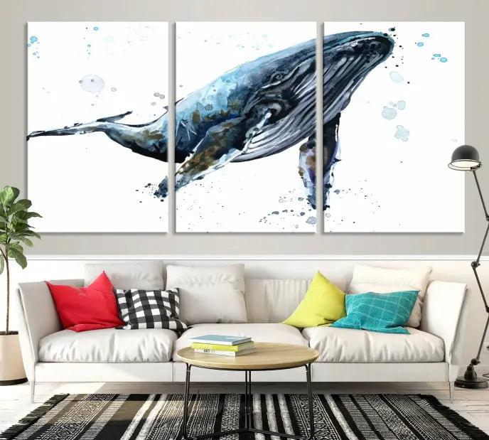 The elegant Watercolor Whale Wall Art Canvas Print adds museum-quality charm to the dimly lit living room. Each ready-to-hang canvas is coated with UV protection, preserving its vivid allure for years to come.