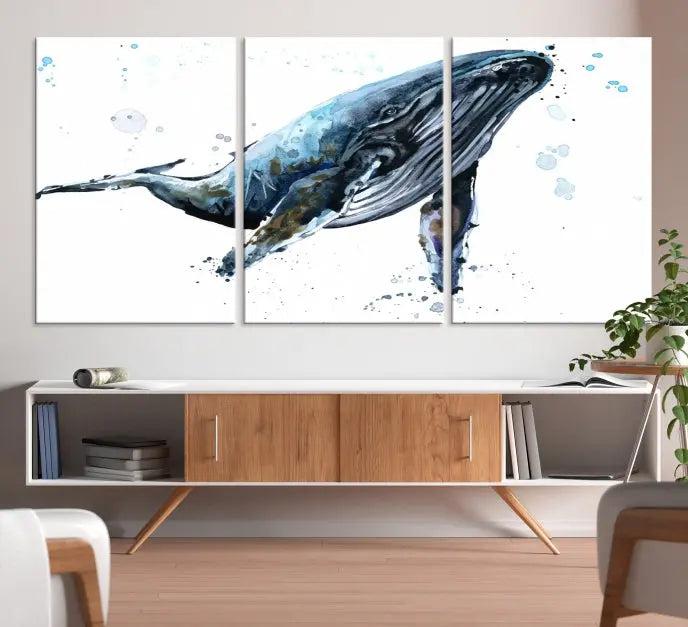 The elegant Watercolor Whale Wall Art Canvas Print adds museum-quality charm to the dimly lit living room. Each ready-to-hang canvas is coated with UV protection, preserving its vivid allure for years to come.