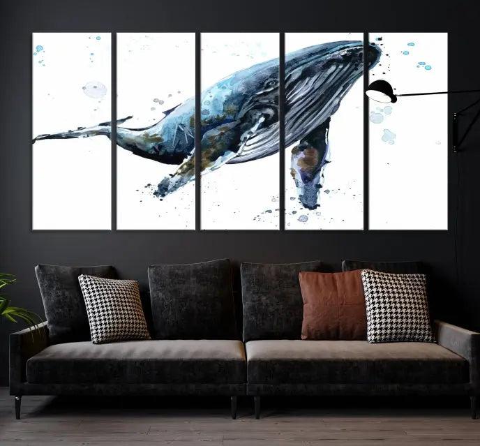 The elegant Watercolor Whale Wall Art Canvas Print adds museum-quality charm to the dimly lit living room. Each ready-to-hang canvas is coated with UV protection, preserving its vivid allure for years to come.